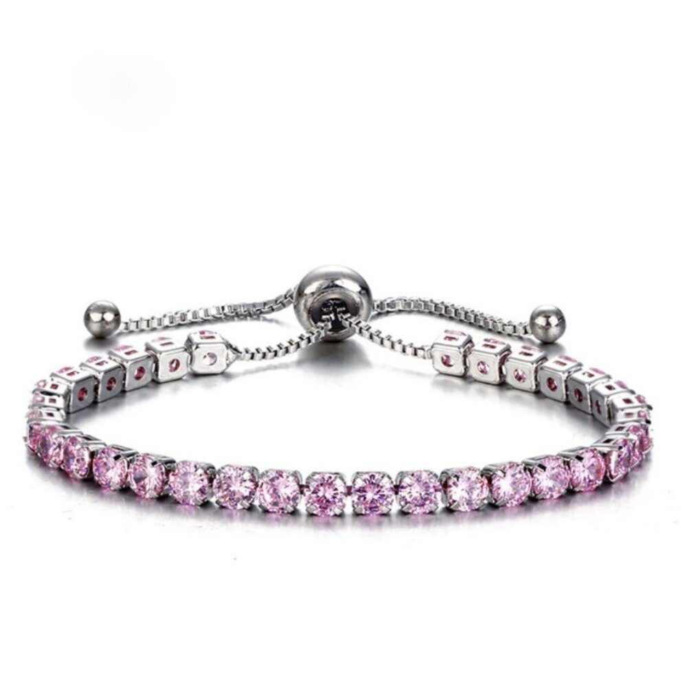 Pink Round Stone Silver Tennis Bracelet